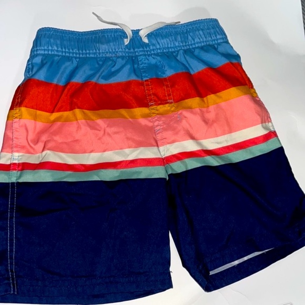 Boys M Blue Striped Mid-Thigh with Mesh Lining Swim Trunks